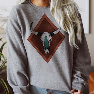 Shipping Dept. Turquoise Cow Skull Gray Sweatshirt - THE ROAMING SAGUARO COLLECTION by Meghan Wolff