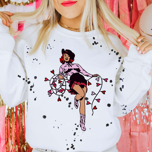 MISSMUDPIE Valentine Cowgirl -  White fleece lined Sweatshirt with Black Splatter
