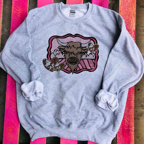 Shipping Dept. Valentine Highland Cow  on GRAY SWEATSHIRT - THE ROAMING SAGUARO COLLECTION by Meghan Wolff