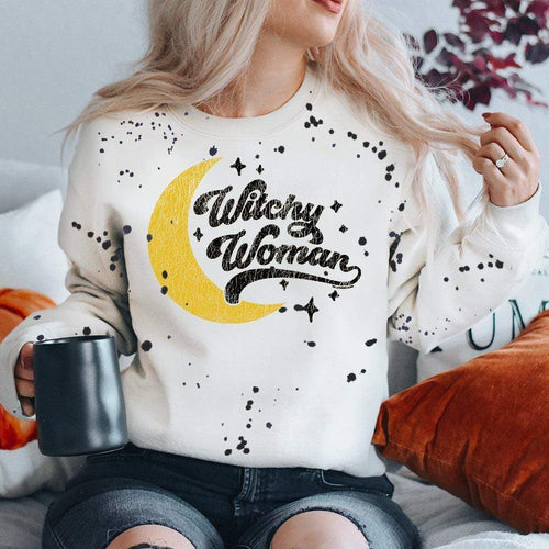 MISSMUDPIE Witchy Woman with moon and stars  - White Sweatshirt with Black Paint Splatter